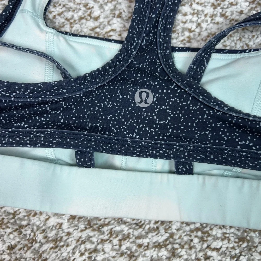 Lululemon Sports Bra Womens 4‎ Blue Spotted Racerback Yoga Gym Workout Logo